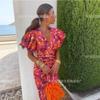New European, American, Printed Casual V-neck Tight-fitting Hip-wrapped Waist Bubble Short-sleeved Dress