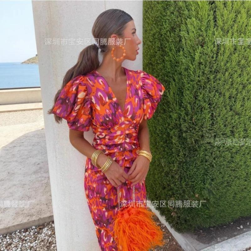 New European, American, Printed Casual V-neck Tight-fitting Hip-wrapped Waist Bubble Short-sleeved Dress