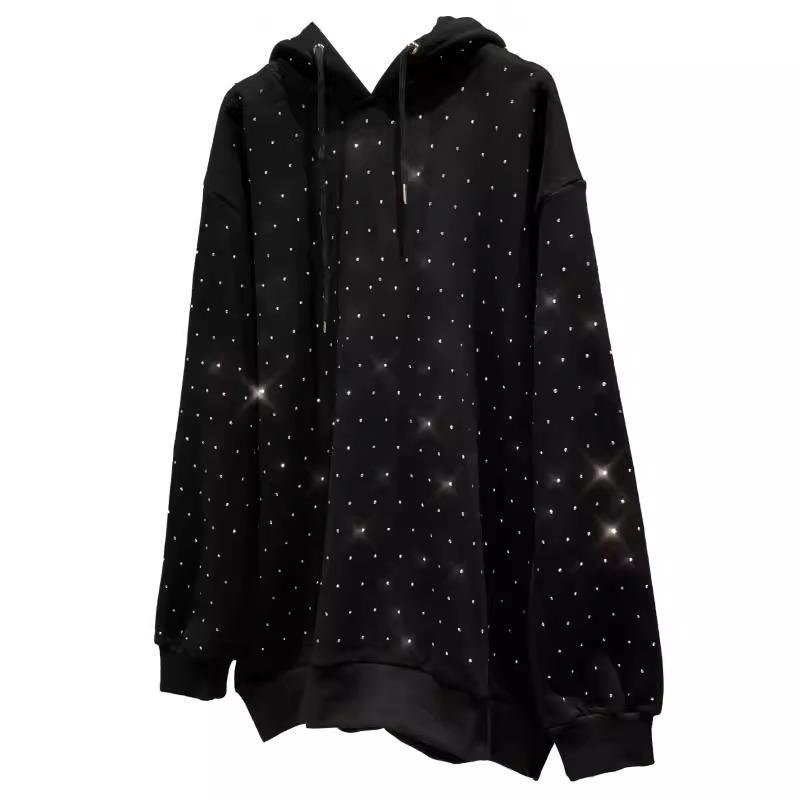 Extra Large Rhinestone Starry Loose Hooded Sweater for Women (Spring/Autumn, Fits 200-300 Lbs)