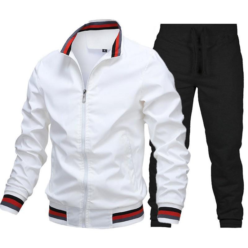 Autumn and winter jacket set men s casual suit splicing solid color trousers high quality jacket two-piece set men S белый