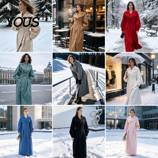 Cappotto Casual Lungo Donna Lana per Autunno Inverno, Soprabito Autunno Inverno con Maniche a Lanterna e Bavero a Tacca, Trench Doppiopetto con Tasche Abbigliamento