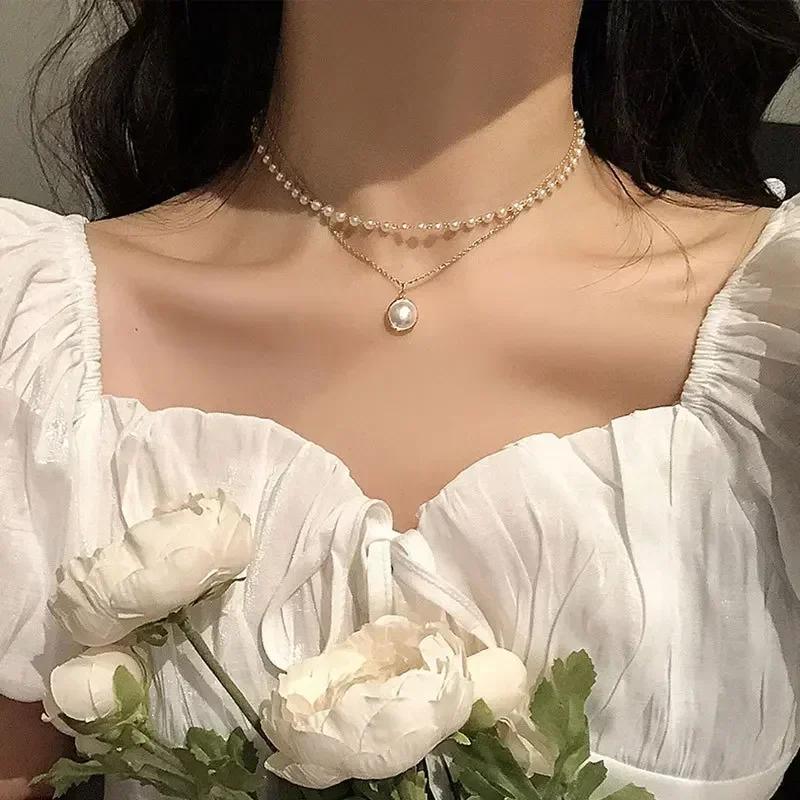 Imitation Zircon Beaded Pendant Necklaces For Women Gold Color Beads Pendant Necklaces Double Layer Chain Choker Fashion Zircon