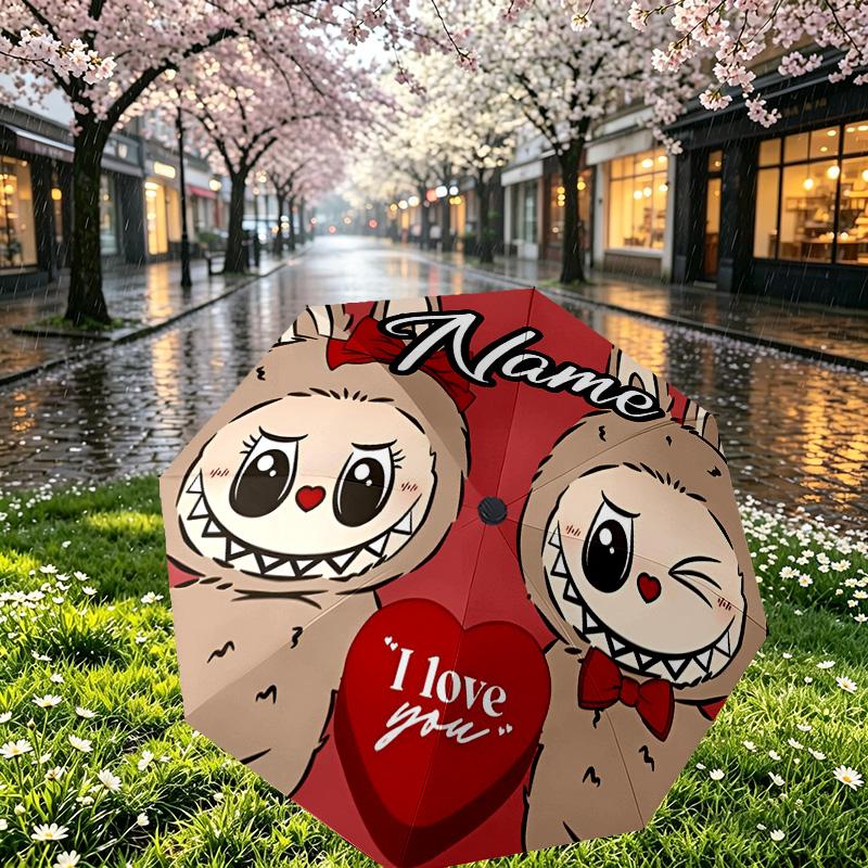 Custom Name Personalized Labubu Print Umbrella, Auto Open Close, 8‑Rib Sturdy Frame, Commute Camping Hiking Use, Birthday Gift