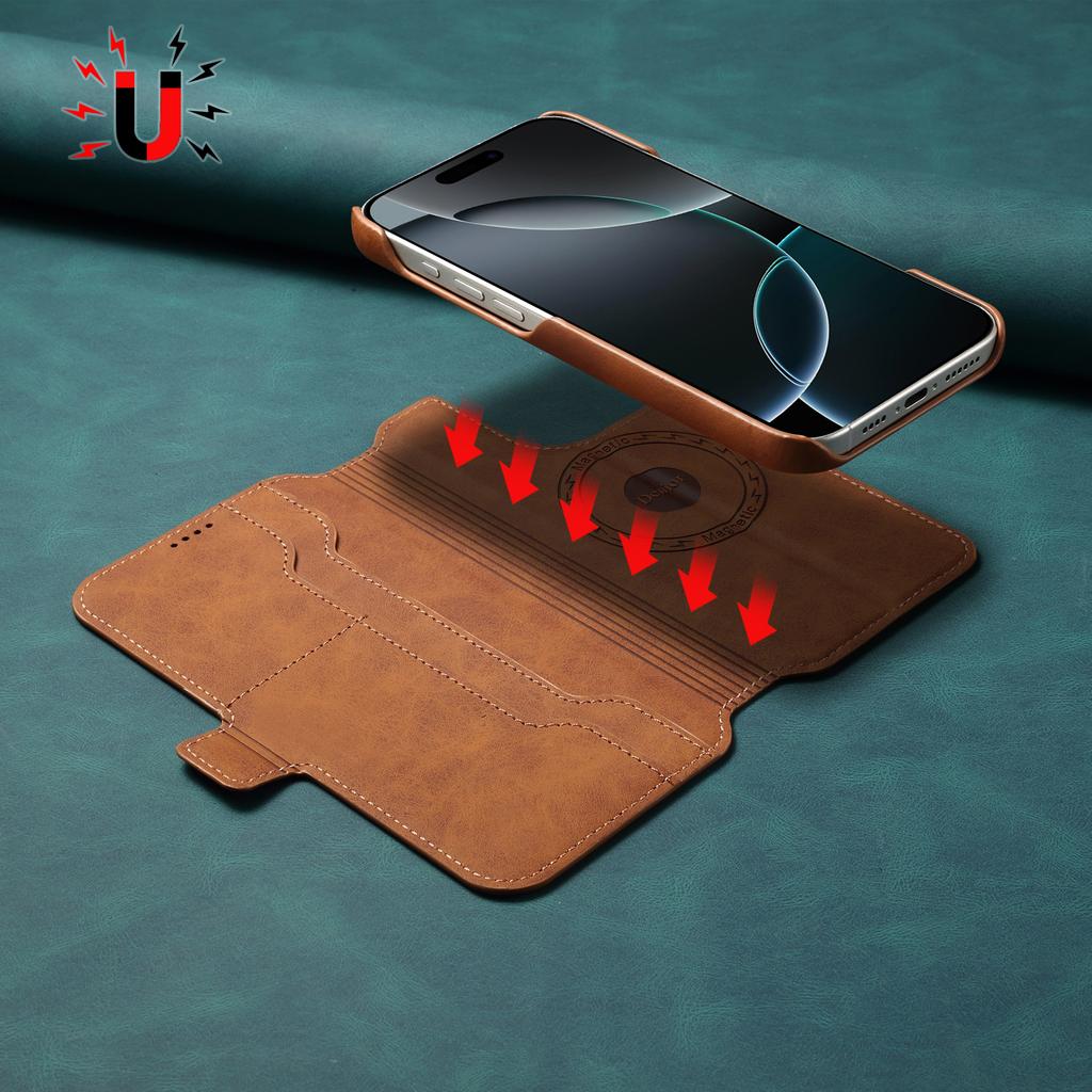 DENIOR B07 For iPhone 16 Plus Case Leather+PC Magnetic Detachable Wallet Phone Cover