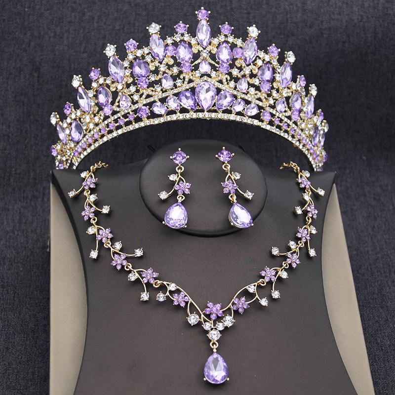 Elegant Purple Tiaras and Bridal Jewelry Sets for Women Wedding Crown Choker Necklace Earrings Set Party Jewelry Accessory