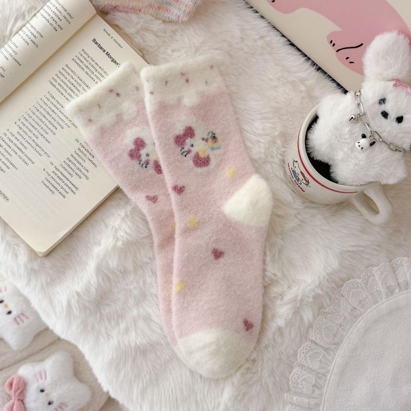 Autumn and winter thickened warm home floor socks plush cute girl sleep socks cartoon pink medium tube socks children