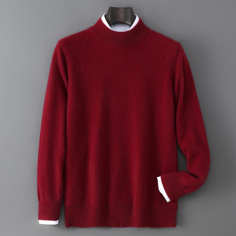 Men's 100% Pure Wool Half-High Neck Sweater - Solid Color, Business Casual Knit Base Layer Top