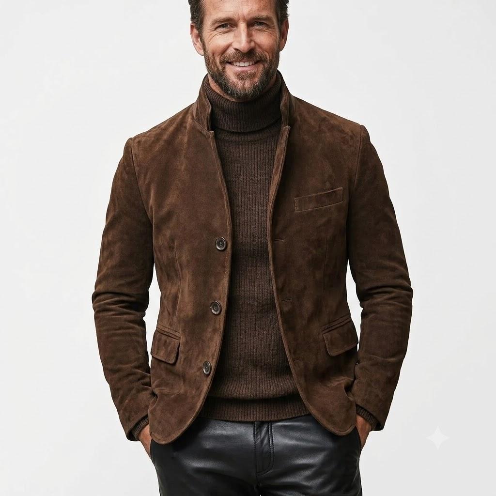 Stylish Pure Suede Real Lambskin Leather Formal Men's Handmade Blazer Brown Fit