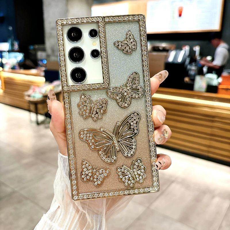 Gradient Glitter Powder Three Dimensional Butterfly Suitable for Samsung S25 Mobile Phone Case S24ultra Flash Diamond A14 A26 Protective Case