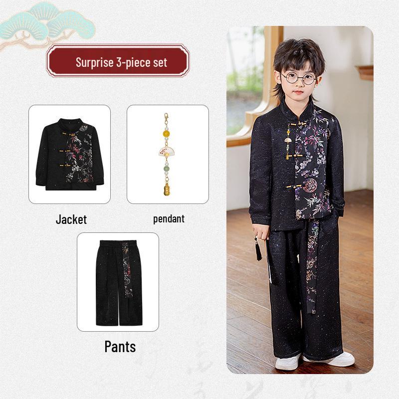 

Новый детский набор Ханфу в китайском стиле с принтом – Национальный костюм Тан с воротником-стойкой для осенних выступлений и фотосессий. 110cm, 30-38 jin