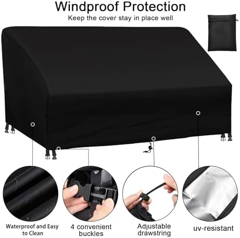 Unnosin Garden Sofa Cover Waterproof UV Resistant Silver Coated 420D Oxford Outdoor Furniture Bench Cover 3-4 Seater Black 200×93×88/64cm