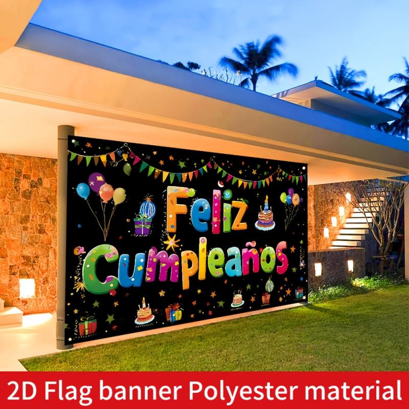 1 Piece, 2D Flat Design, 1 Spanish Birthday Party Backdrop with "Happy Birthday" Text, Indoor/outdoor Room Decoration, Wsj