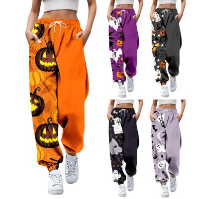 Calças de moletom femininas elásticas cintura alta com cordão ajustável calças de corrida calças de fitness com estampa de abóbora de Halloween