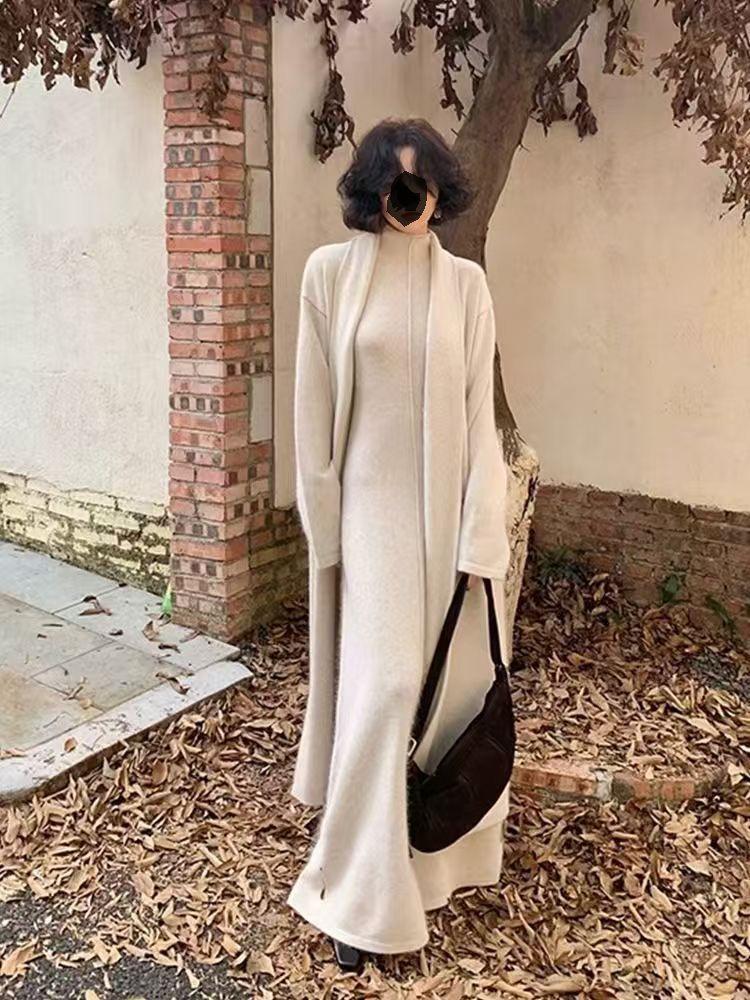 Hochgeschlossenes ärmelloses Strickkleid & Mantel Cardigan Zweiteiler-Set