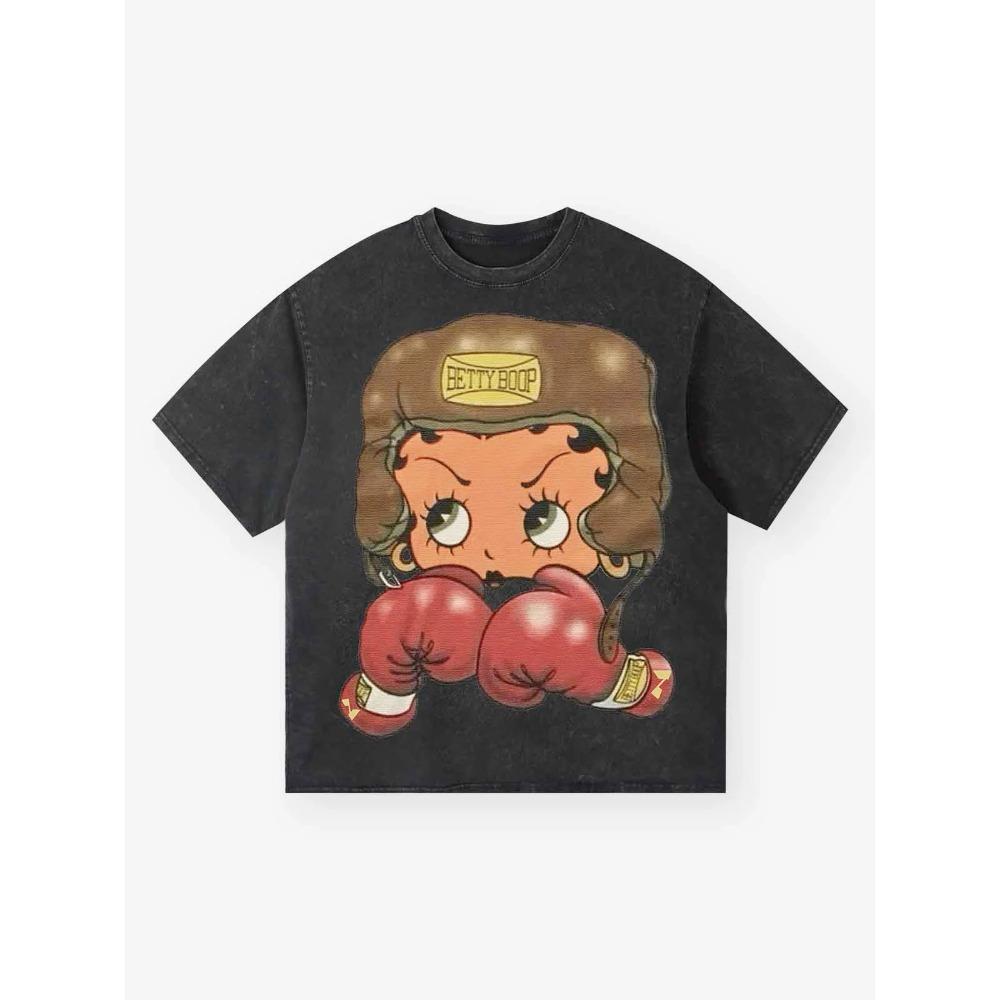 Cartoon girl Boxing Print Washed T-shirt Women T-shirt Men T-shirt S