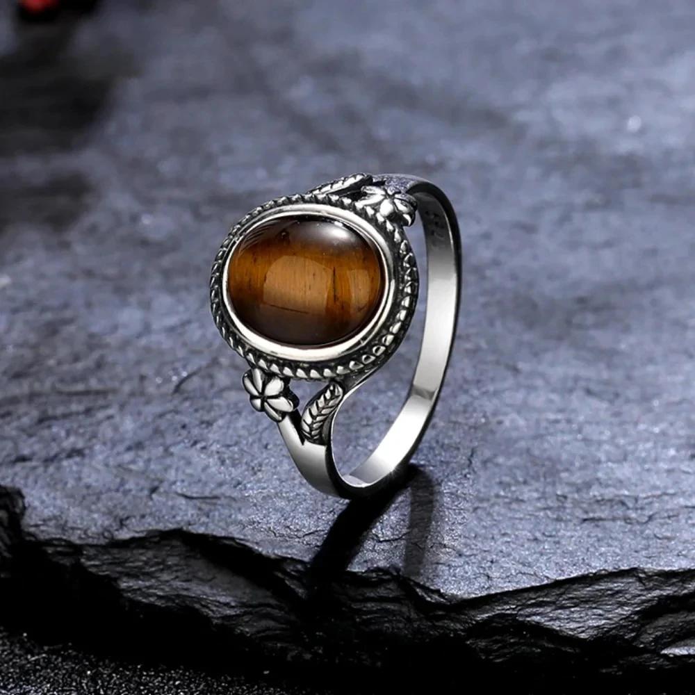 Vintage Carved Pattern Oval Purple Stone Rings, Amethyst Gemstone CopperPlating Ring, Women's Boho Fashion Jewelry Cross-Border