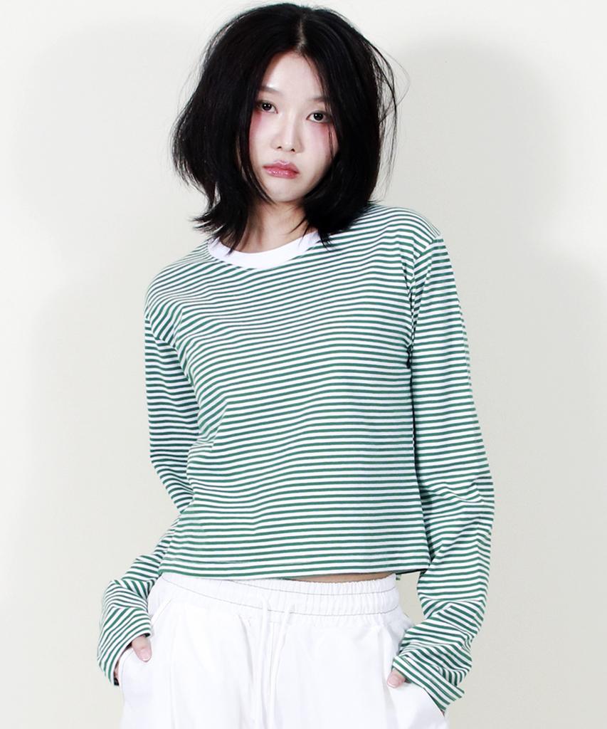 Deumakeu Striped Semi-Crop Long Sleeve T-Shirt Green