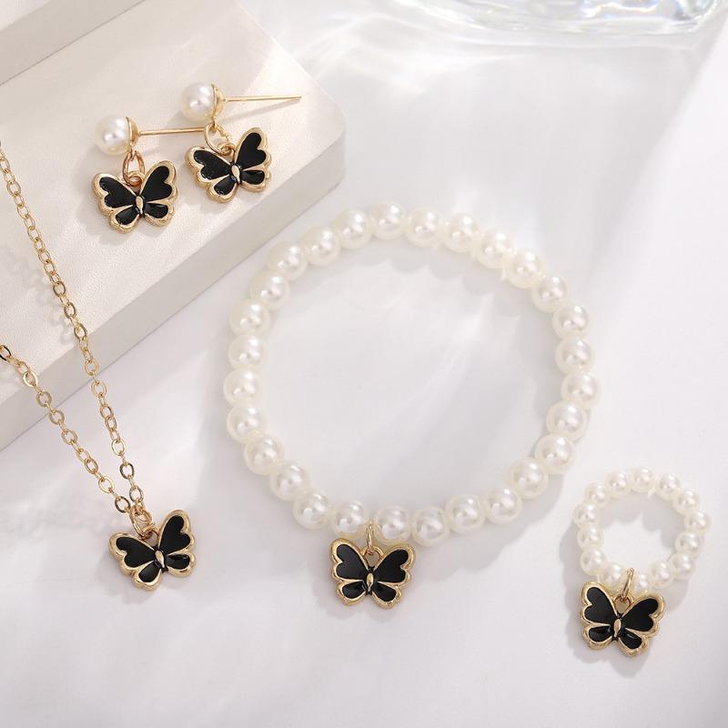Pearl Butterfly Jewelry Set Oil Drop Butterfly Charm Pearl Bracelet Earrings Necklace Girls Jewelry Set