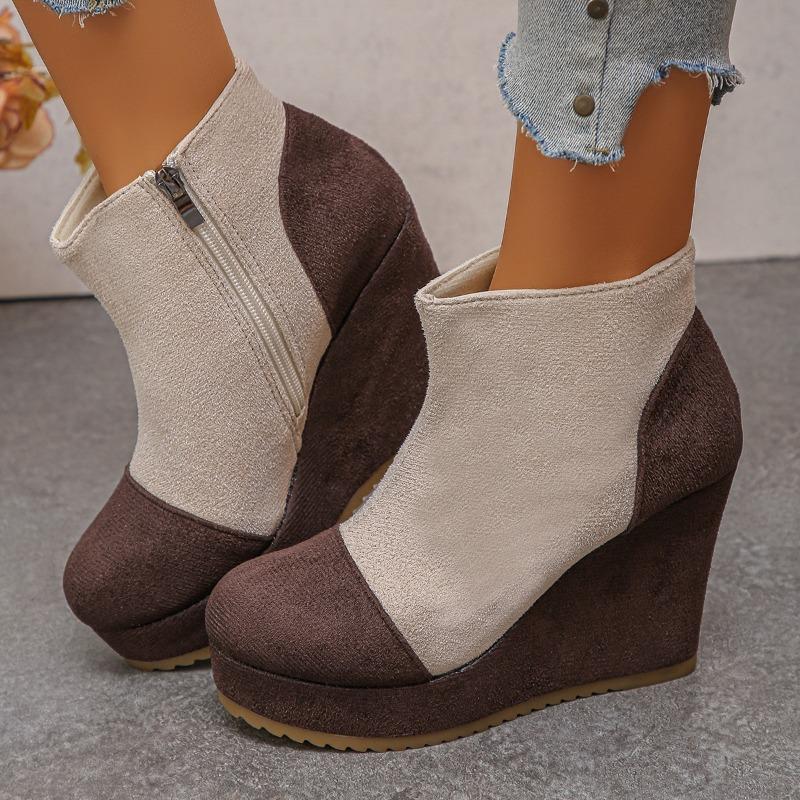 Plus‑Size Round Toe Thick Platform Wedge High Heel Women Ankle Boots