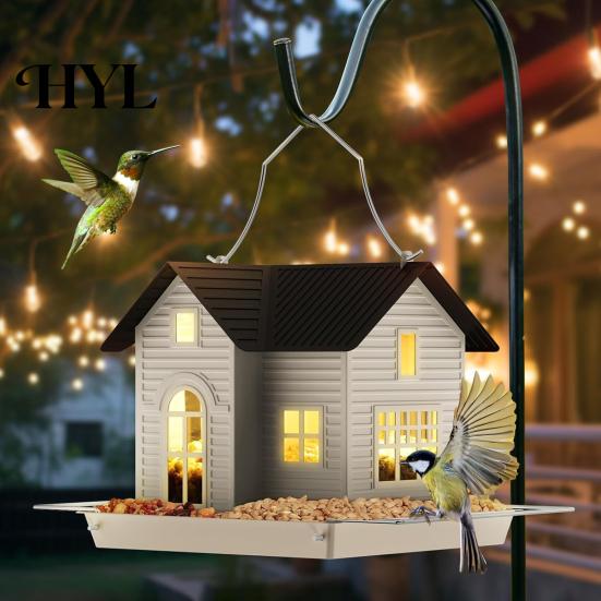Weather-resistant Bird Feeder Hanging Metal House with Solar Lights for Dark Conditions Outdoor Lantern Garden Decor Unique Gifts Mom Grandma