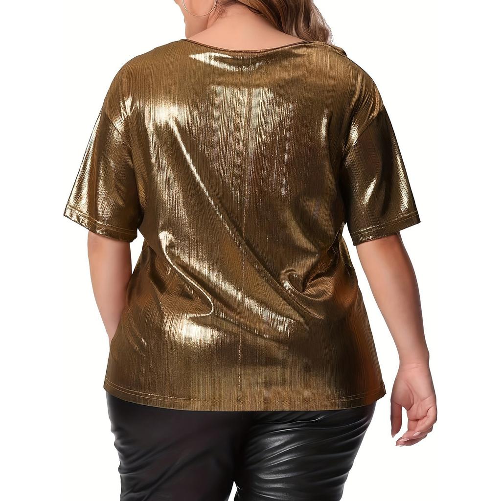 Damski T-shirt w dużym rozmiarze z okrągłym dekoltem, w jednolitym kolorze, z krótkim rękawem, z złotym pudrem