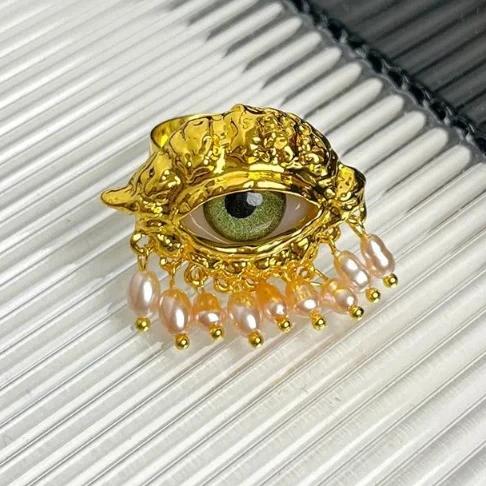 

Jewelry Vintage Devil s Eye Ring Delicate Imitated Pearl Glaze Ring Trendy Exaggerated Opening Finger Ring Valentine s Day Gift золотистый
