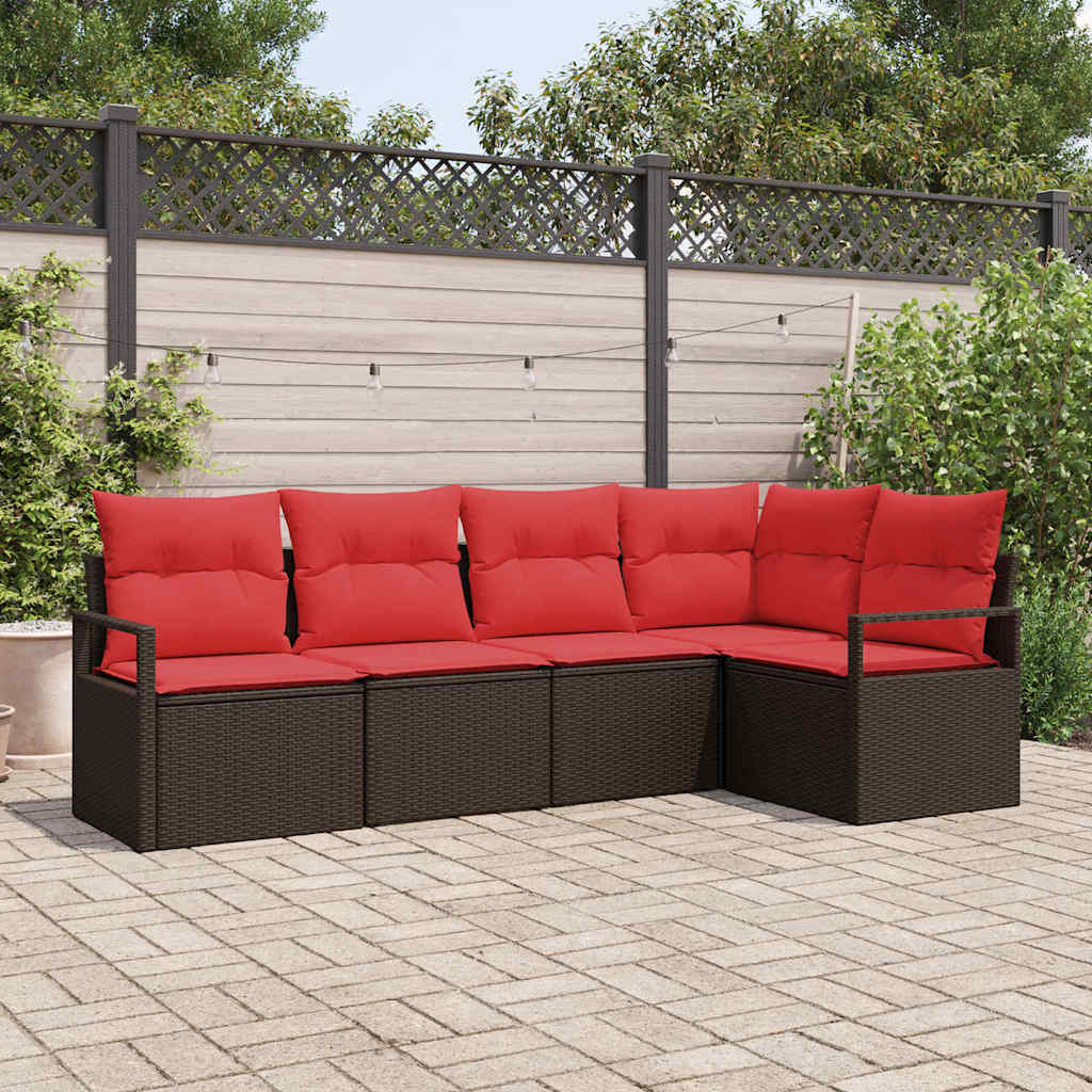 Garden Sofa Set with Cushions 5 pcs Brown and Red Poly Rattan