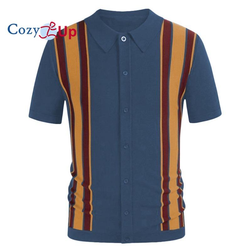Przytulne męskie koszulki polo Vintage w paski, dzianinowe krótkie rękawy, zapinane na guziki koszulki golfowe
