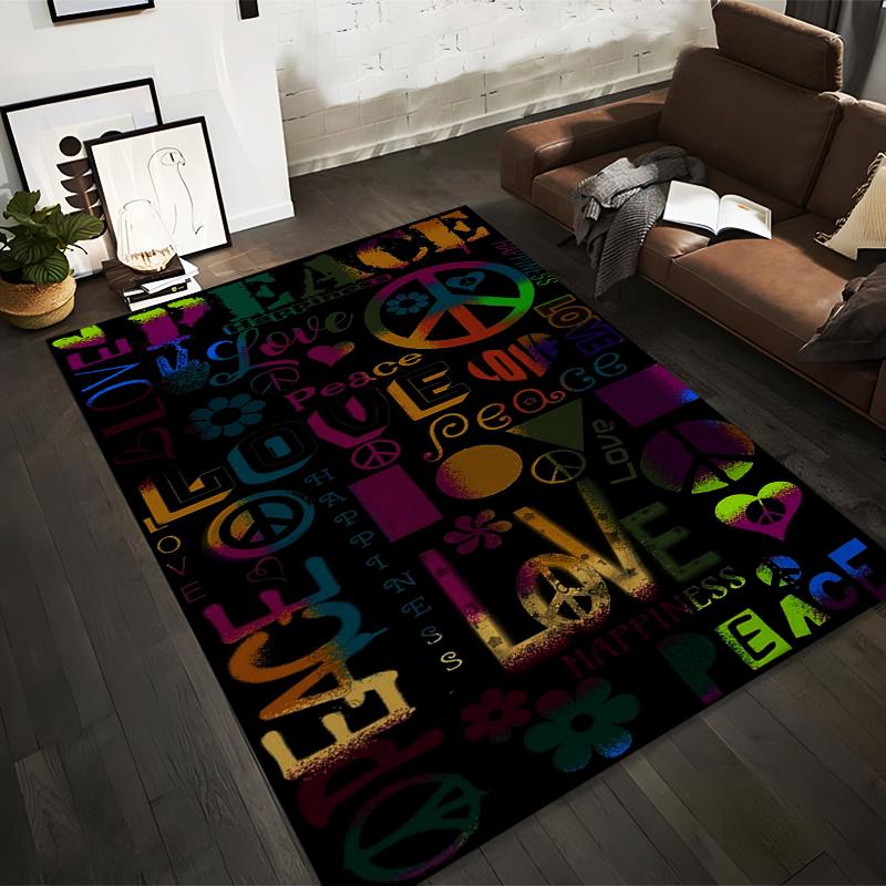 Colorful Peace and Love Symbols Pattern Rug Non-slip rug suitable for living room and bedroom sofas.
