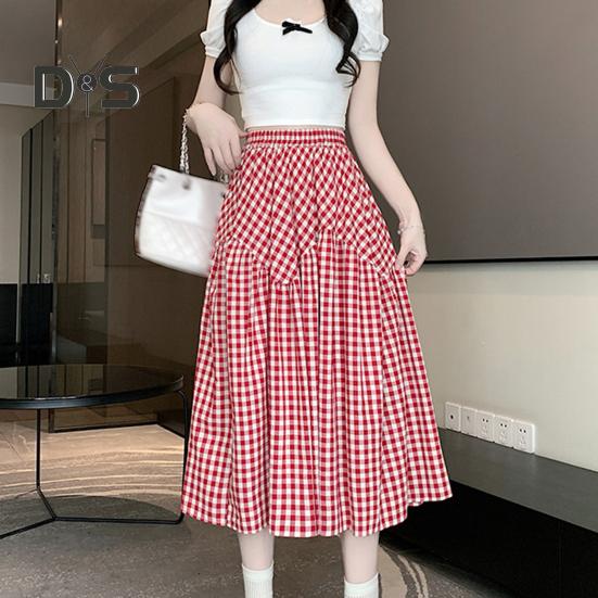 Women Midi Skirt Plaid Print Stitching Design A-Line Skirt Elastic High Waist Retro Style Swing Skirt Daily Wear