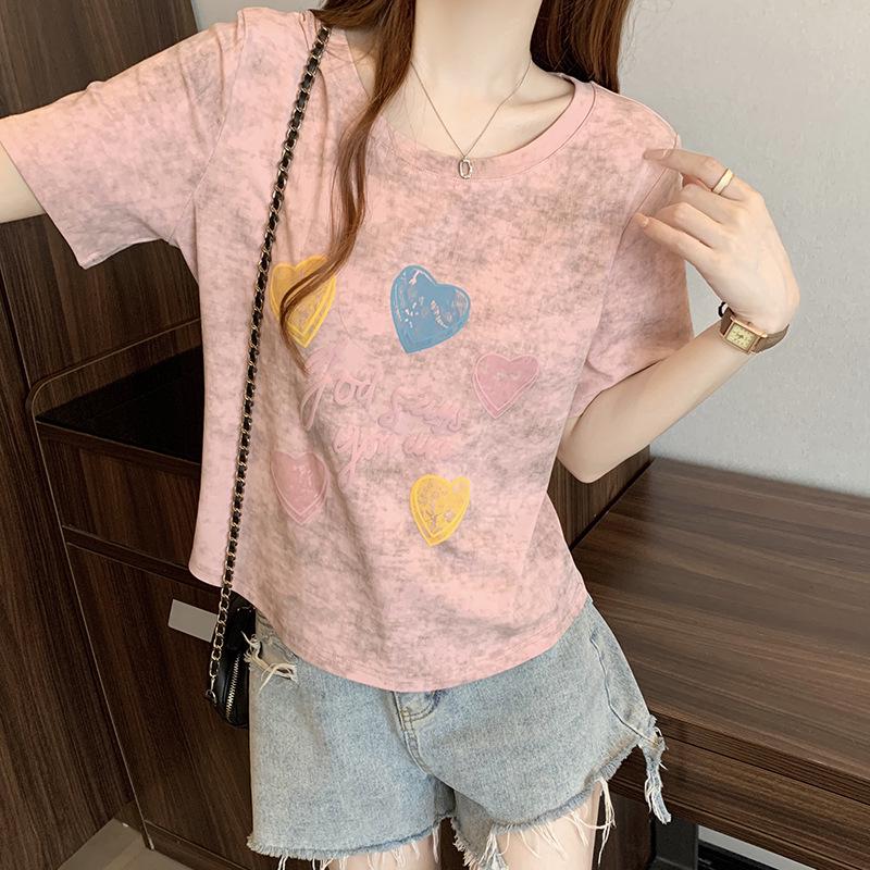 

2026 Plus Size Women s Tie-Dye Heart & Letter Print Short Sleeve T-Shirt L рожевий