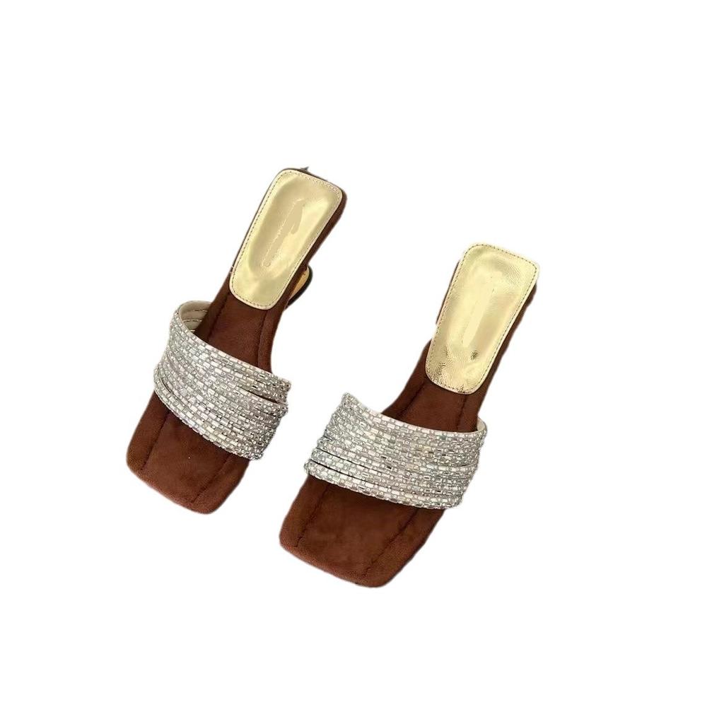 French Style Rhinestone Sandals for Summer Wear In 2026 with a Mid Heel and High Heels and Square Toe Sandals