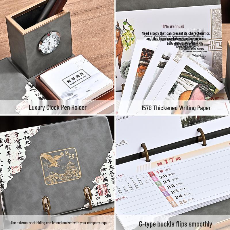 2026 Custom Leather Business Desk Calendar Set with Logo - Creative Office Desktop Ornament Gift Box