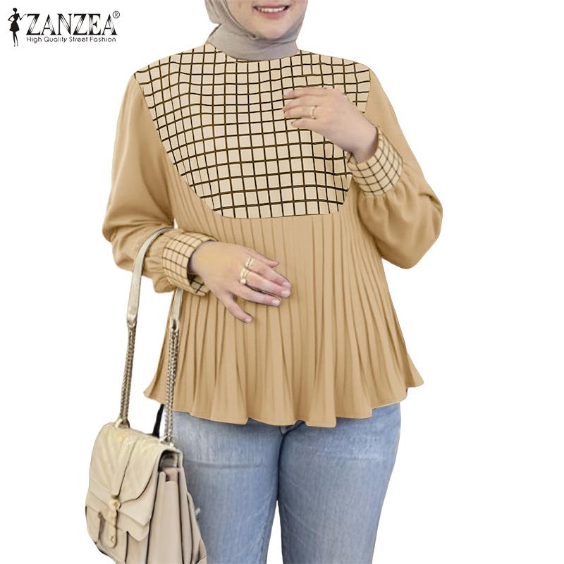 ZANZEA Women Casual Round Neck Plaid Print Patchwork Long Sleeve Blouse