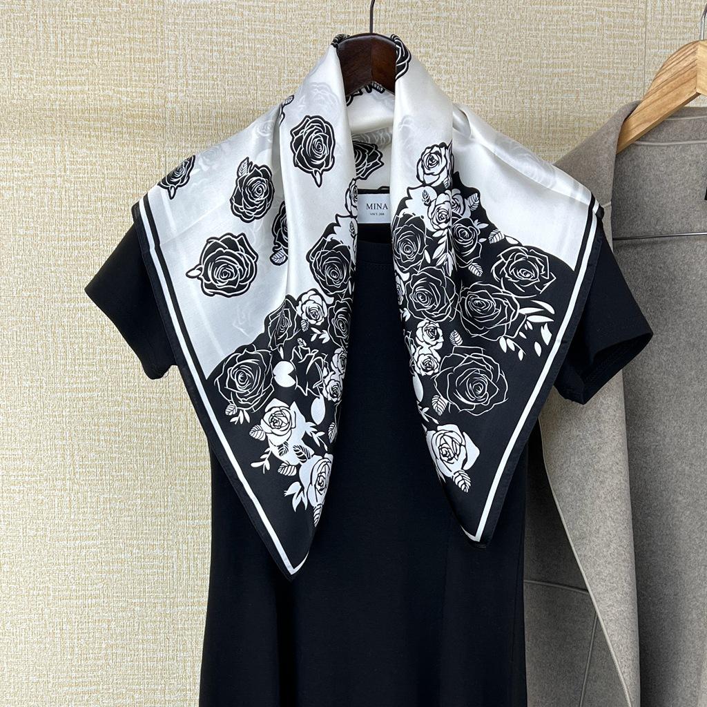 Light Luxury Silk 70 * 70 Camellia Square Scarf Simple Bata Mulberry Silk Silk Scarf Headband Streamer Bow Head