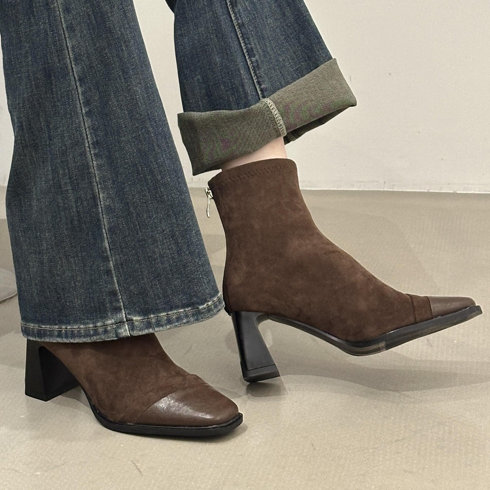 

Fashion thick heel short boots women s 2025 new design sense splicing square head high heels women s autumn and winter thin boots 39