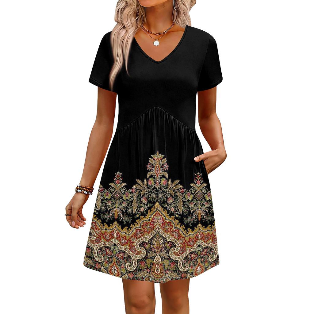 Modisches Damenkleid mit Print, V-Ausschnitt, kurzärmelig, locker, lässig, für den Strandurlaub