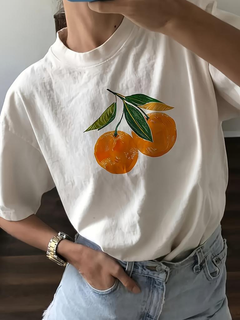 Orange Print Crew Neck T-shirt Short Sleeve Casual Top For Summer & Spring Women's Clothing  harajuku  women clothes