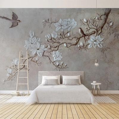 Fototapete Moderne pastorale 3D-geprägte Blumen Vögel Wandbild Wandpapier Wohnzimmer Schlafzimmer