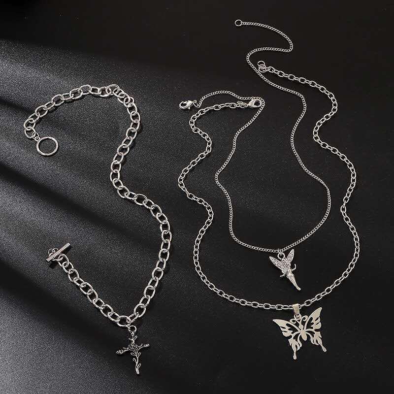 Punk Multi-Layered Chain Necklace Women Silver Butterfly Cross Angel Pendants Hip Hop Grunge Street Jewelry