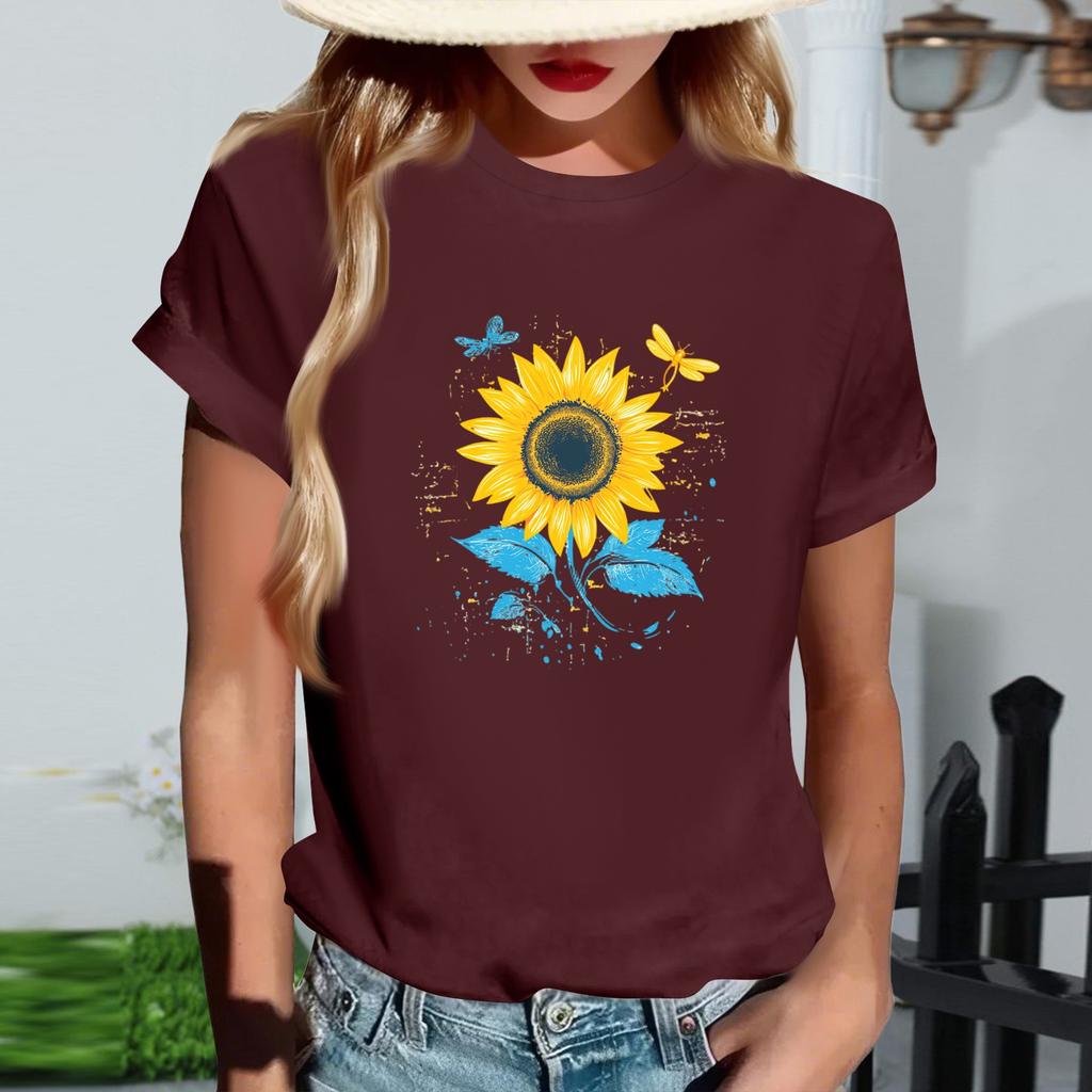 Damen Modisches Rundhals Casual Retro Print Kurzarm T-Shirt Top