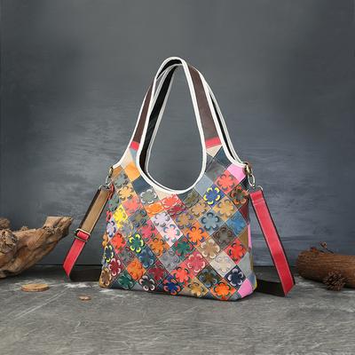 Patchworková taška tote z hovězí kůže, ručně nošená květinová patchworková taška pod paži, retro dámská taška přes rameno crossbody