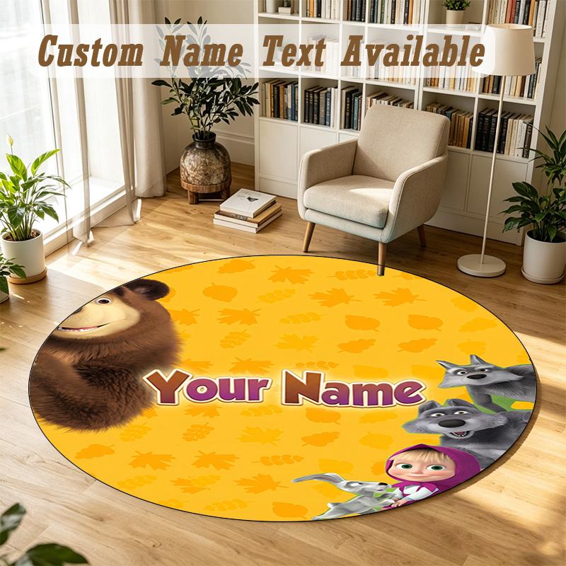 Round Rug Custom NameMasha and the Bear Cartoon Pattern Non Slip Carpet Home Floor Decor
