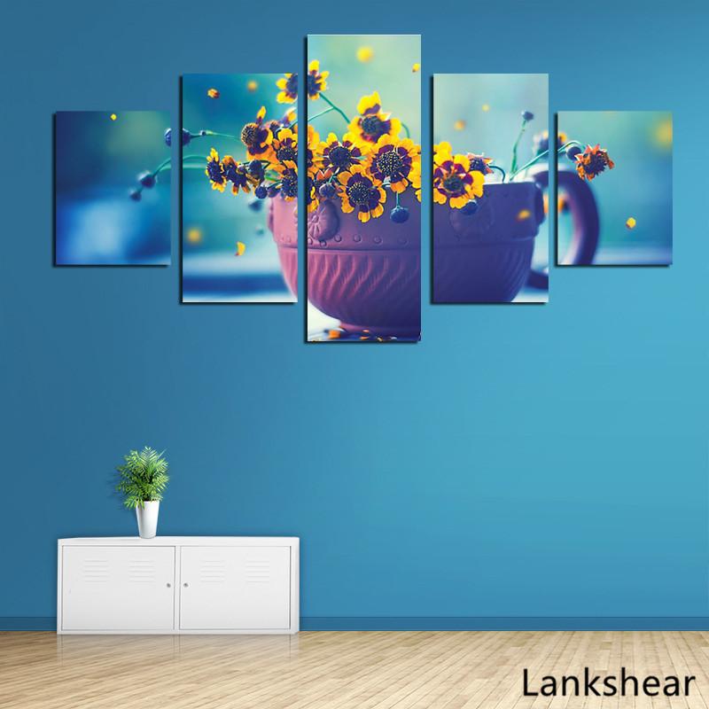 

Холст Настенное искусство Картины Домашний декор 5 штук Желтая цветочная чашка Живопись Модульная печать Плакат Гостиная Рамка Картины Произведения искусства