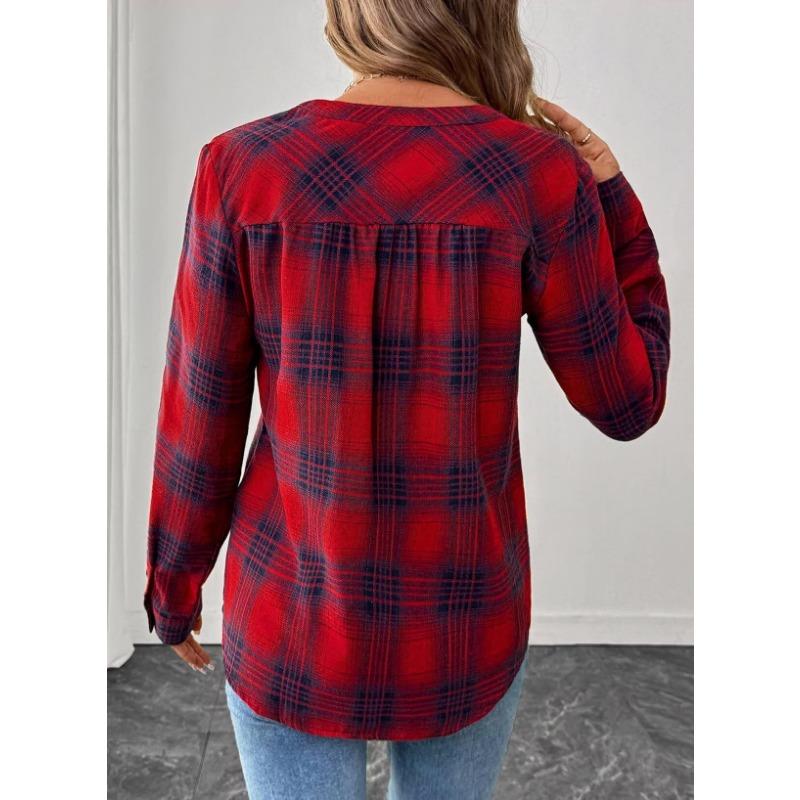 Women S V Neck Plaid Long Sleeve Casual Shirt
