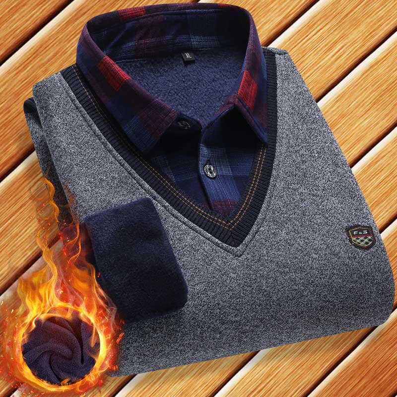 Men's Autumn/Winter Knit Sweater with Fake Two-Piece Shirt Collar - Plus Velvet, Middle-Aged & Young Styles.