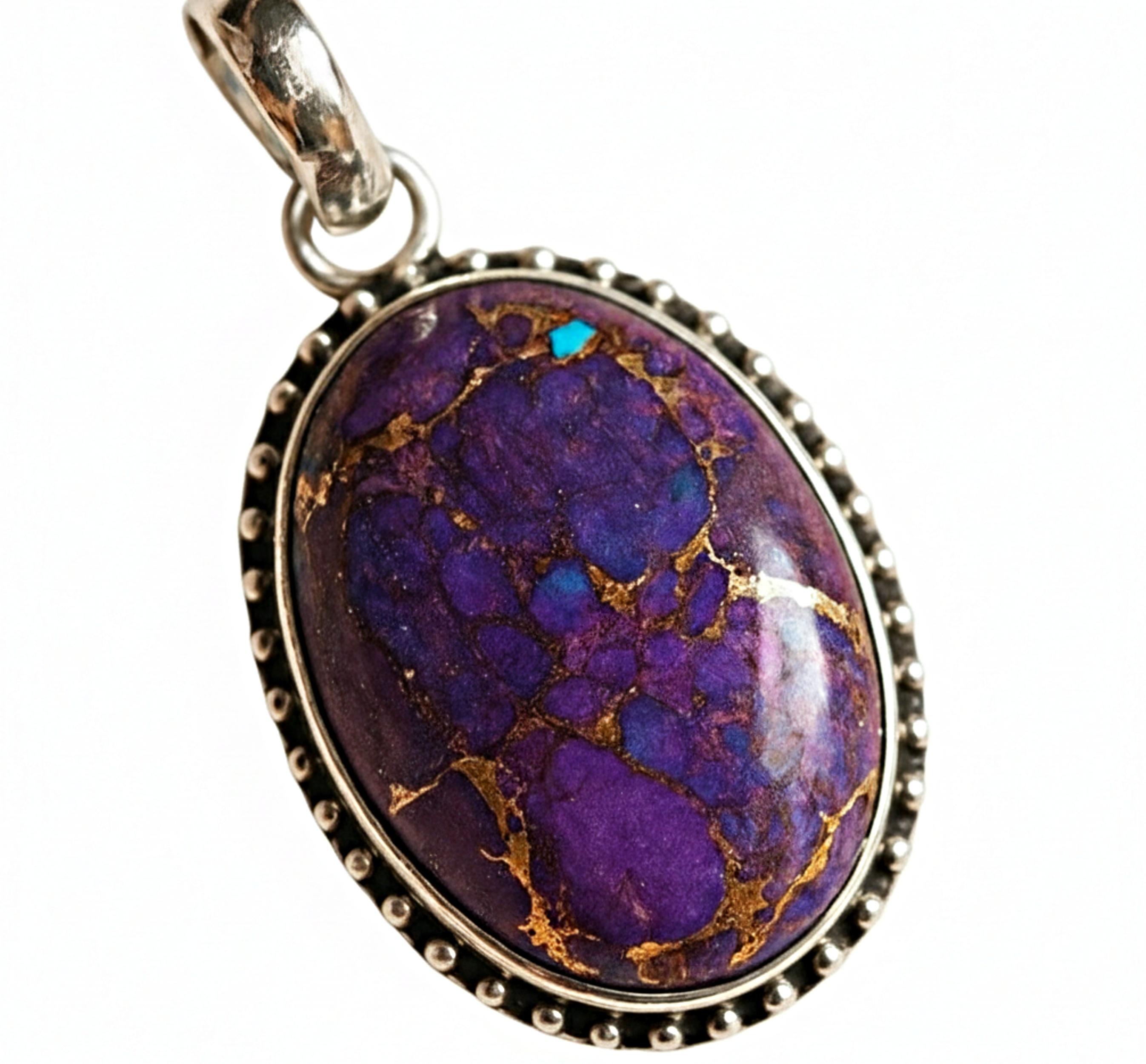 

Purple Copper Turquoise Pendant, 925 Solid Sterling Silver, Oval Cabochon Pendant, Necklace Pendant for Women серебряный