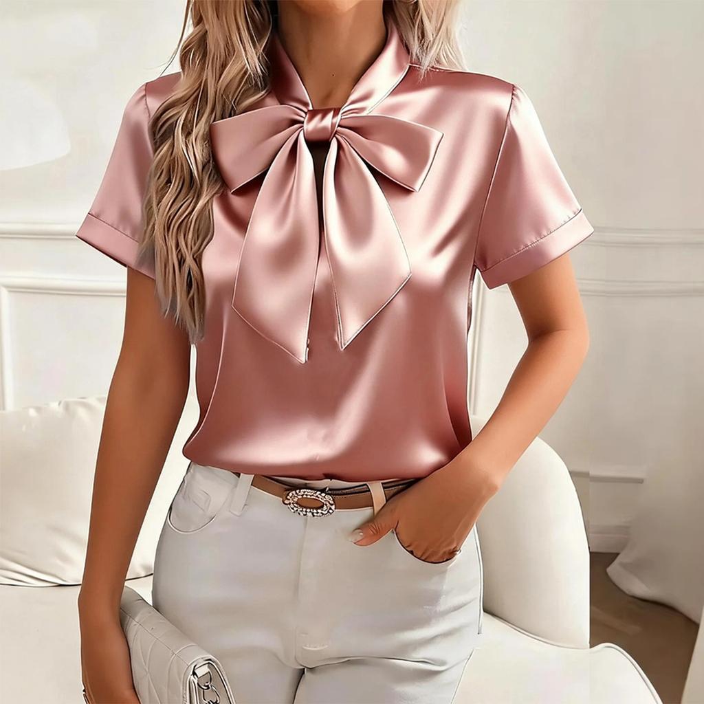 Women's Fashionable Color Round Neck Short Sleeved Bow Shirt Pullover Top