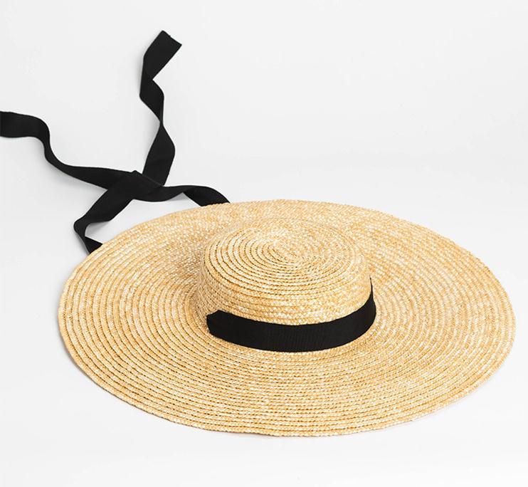 Breiter Krempen-Sonnenhut 15cm Krempe Strohhut Flach für Damen Strandkappen Weiß Schwarz Bandbindung Strandkappe Floppy Damen Raffia-Stroh