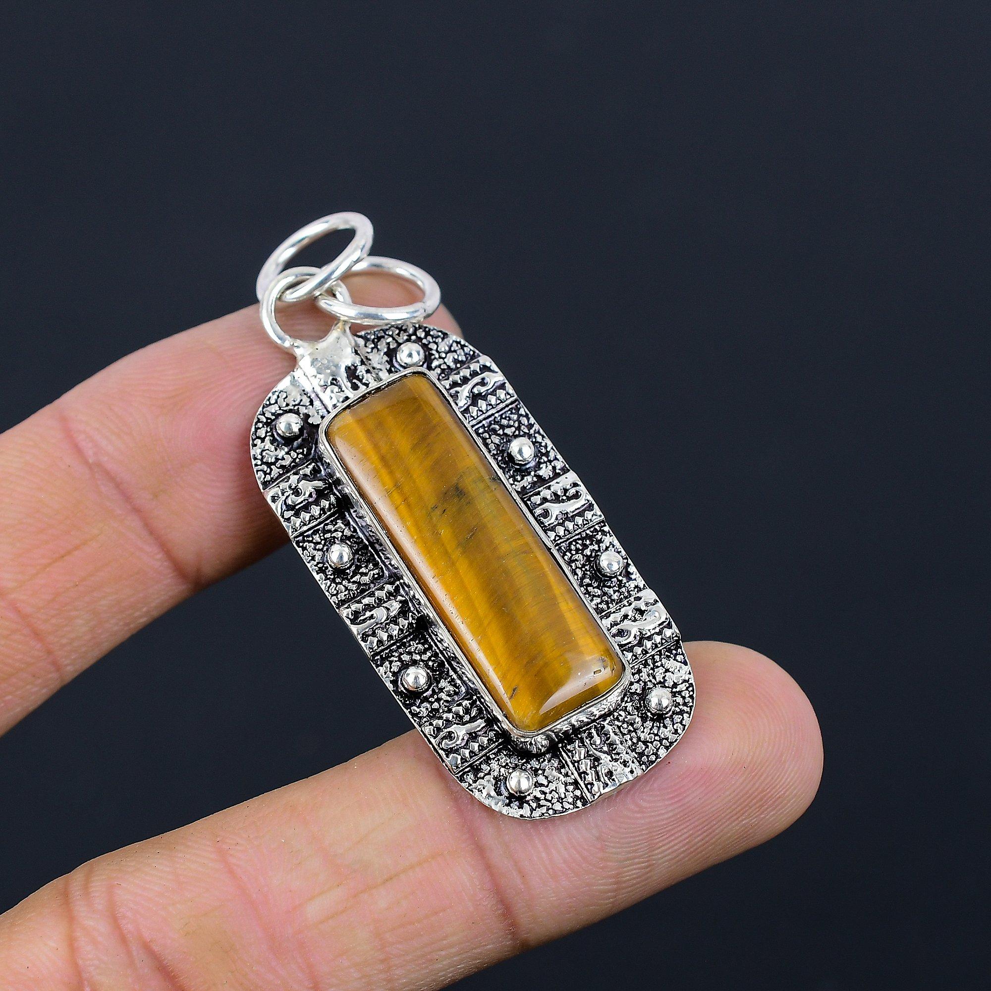 

Rectangle Tiger Eye Gemstone Artisan Sister Birthday Pendant 925 Sterling Silver